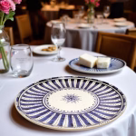 Hand-painted blue ceramic plate painting with radiating geometric patterns on restaurant table