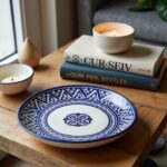 Hand-painted blue ceramic plates featuring symmetrical patterns styled with books and candles on wooden surface