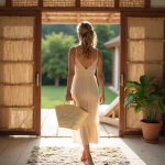 Model in white dress carrying star-embroidered straw tote handbag