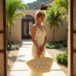 Model in flowing white dress carrying star straw bag at resort pool, handwoven beige tote with white star appliqué