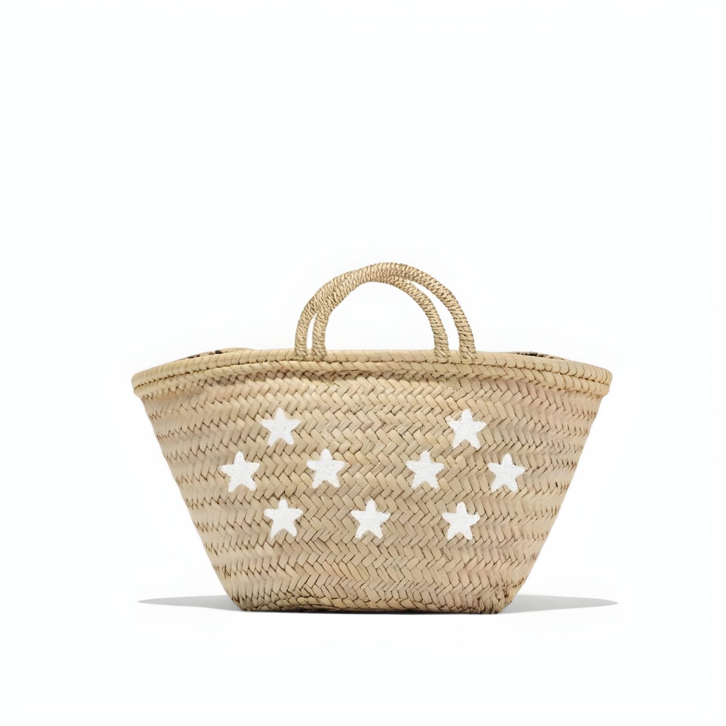 Handcrafted Moroccan Straw Purse with Embroidered Stars Design (2) Star embroidered straw tote with handwoven design and white stars on natural beige background