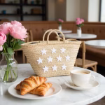 Star embroidered straw tote styled with breakfast setting
