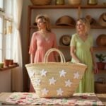 Star straw bag displayed in boutique on crocheted rug with women in coral and green dresses, handwoven Moroccan tote