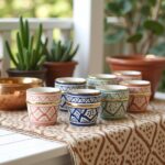 Handcrafted ceramic cups with gold details in various colors displayed with plants and wooden table