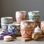 Colorful ceramic cups with gold ornaments and traditional geometric designs on wooden board