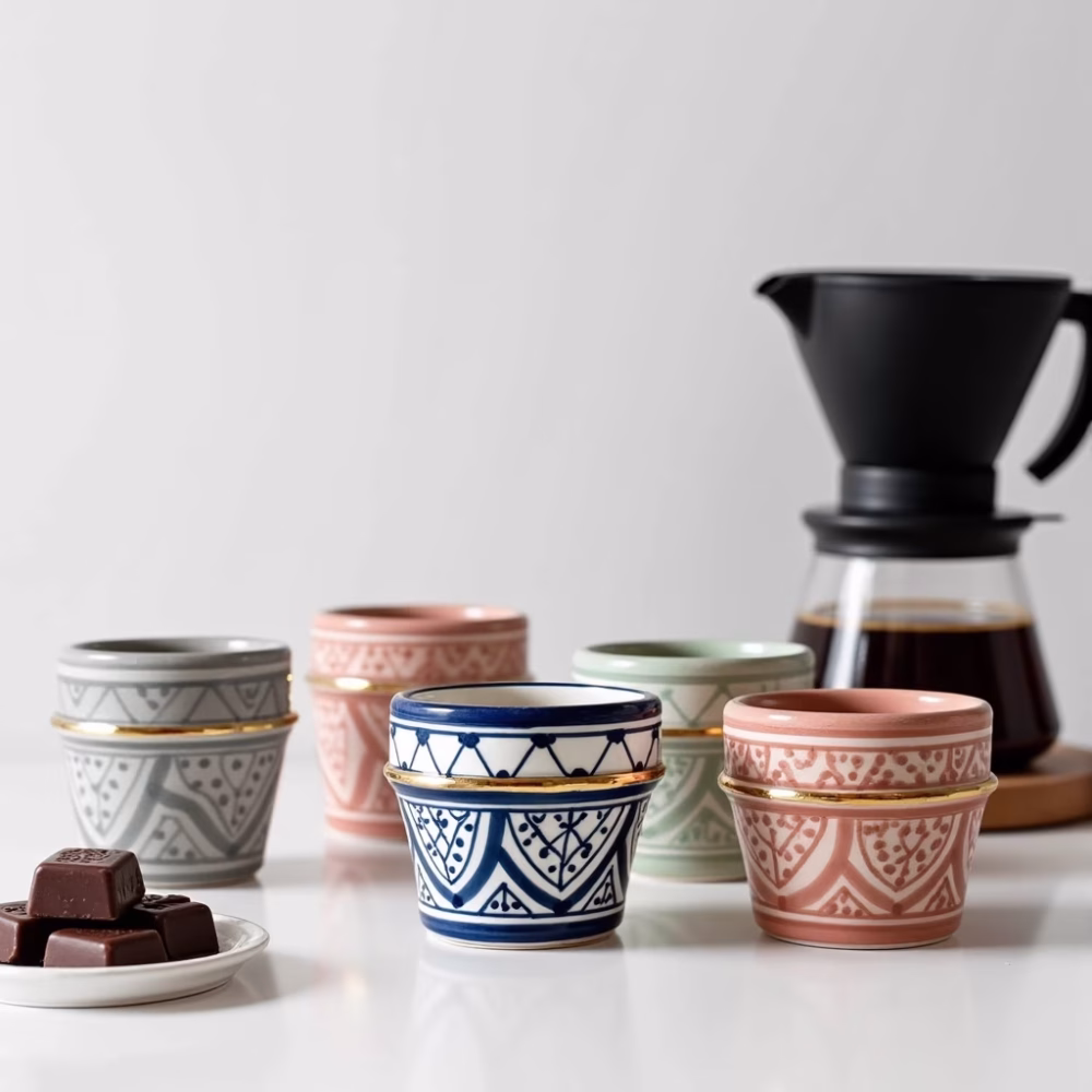 Handmade Moroccan Ceramic Cups with Pure Gold Ornaments