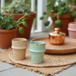 Ceramic espresso cups in beige and mint with embossed relief patterns and gold trim on woven mat