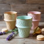 Hand-decorated ceramic espresso cups with embossed patterns, gold rims, and lavender sprigs