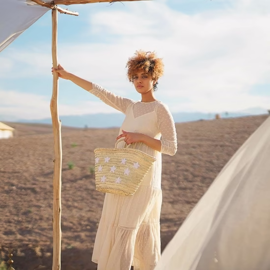 Moroccan Straw Purse, Embroidered Stars Design