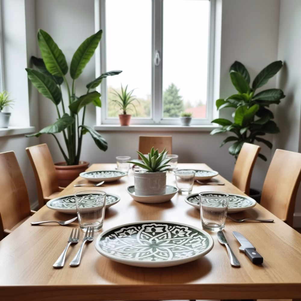 Moroccan ceramic serving dishes in bright dining room setting with plants and natural light
