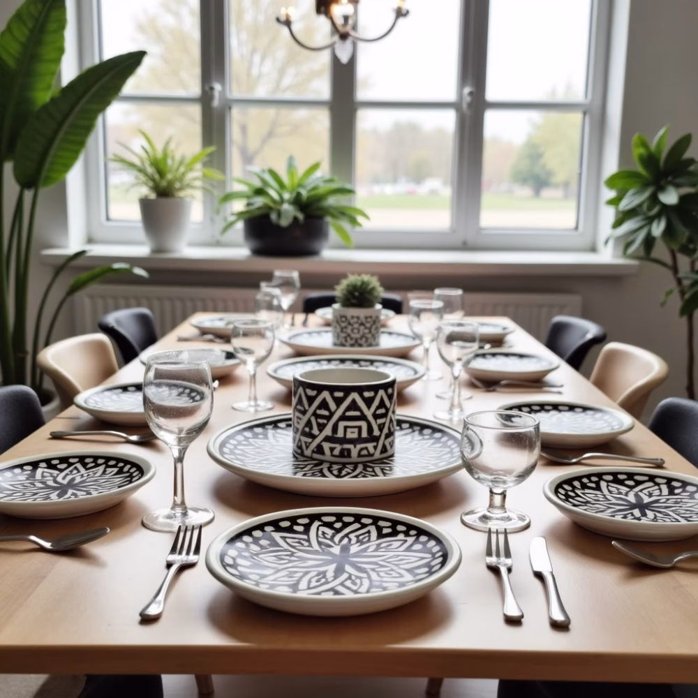 Moroccan pottery serving dishes with geometric patterns set on dining table with wine glasses