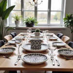 Moroccan pottery serving dishes with geometric patterns set on dining table with wine glasses