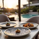 Multiple pottery serving dishes with appetizers at sunset outdoor dining