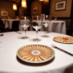 Orange ceramic plate painting in upscale restaurant setting with wine glasses