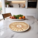 Orange ceramic plate painting with hand-drawn geometric motifs in modern kitchen