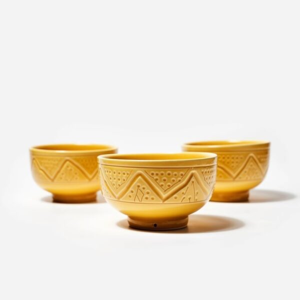 White geometric ceramic bowls with strawberries on breakfast tray near window