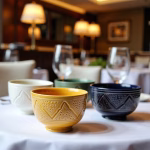 Set of 4 hand-engraved ceramic bowl collection in green, yellow, blue and white displayed in various settings