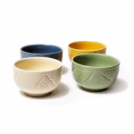 Set of 4 hand-engraved ceramic bowl collection in green, yellow, blue and white displayed in various settings