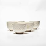 Multi-colored geometric ceramic bowl set including yellow, white, green, and blue variations