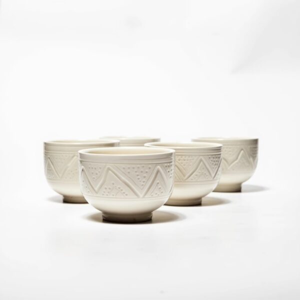 Multi-colored geometric ceramic bowl set including yellow, white, green, and blue variations