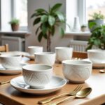 White geometric ceramic bowls with embossed patterns on dining table setting