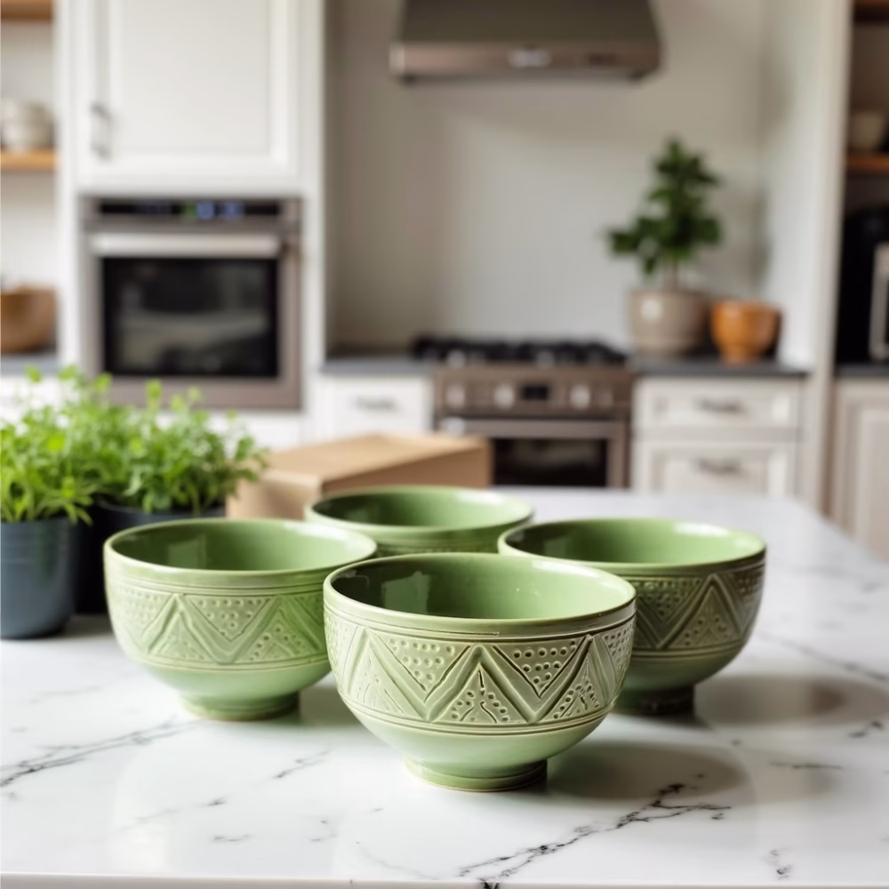 Premium ceramic bowl sets with geometric patterns shown in modern kitchens, restaurants and dining rooms