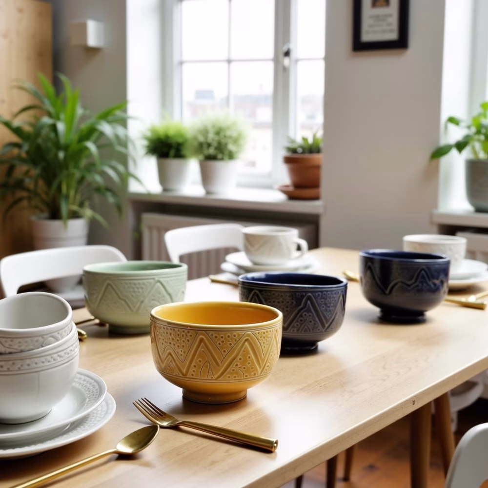 Premium ceramic bowl sets with geometric patterns shown in modern kitchens, restaurants and dining rooms