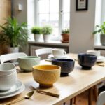 Colorful geometric ceramic bowl collection in cream, yellow, green, and navy arranged together