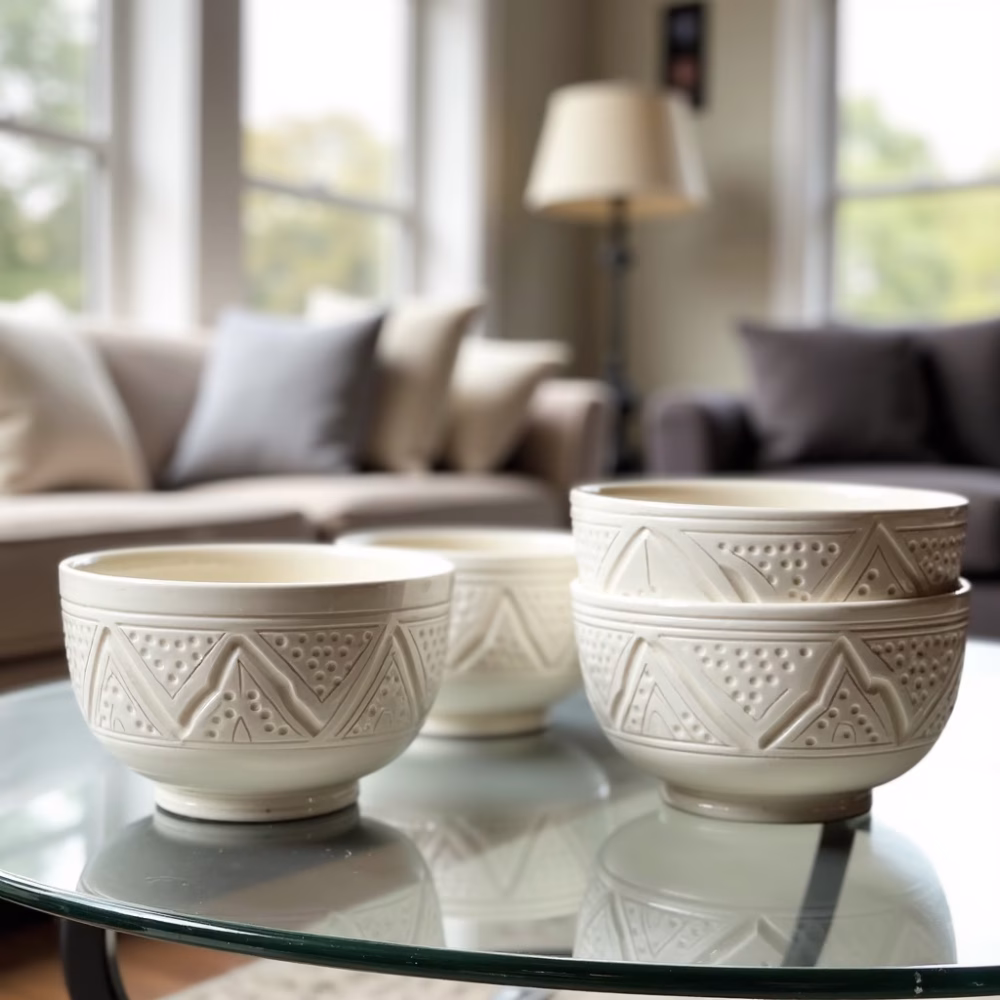 Premium ceramic bowl sets with geometric patterns shown in modern kitchens, restaurants and dining rooms