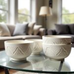 White geometric ceramic bowl set stacked on glass coffee table in bright living room