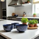 Three yellow geometric ceramic bowls with embossed chevron patterns on white background