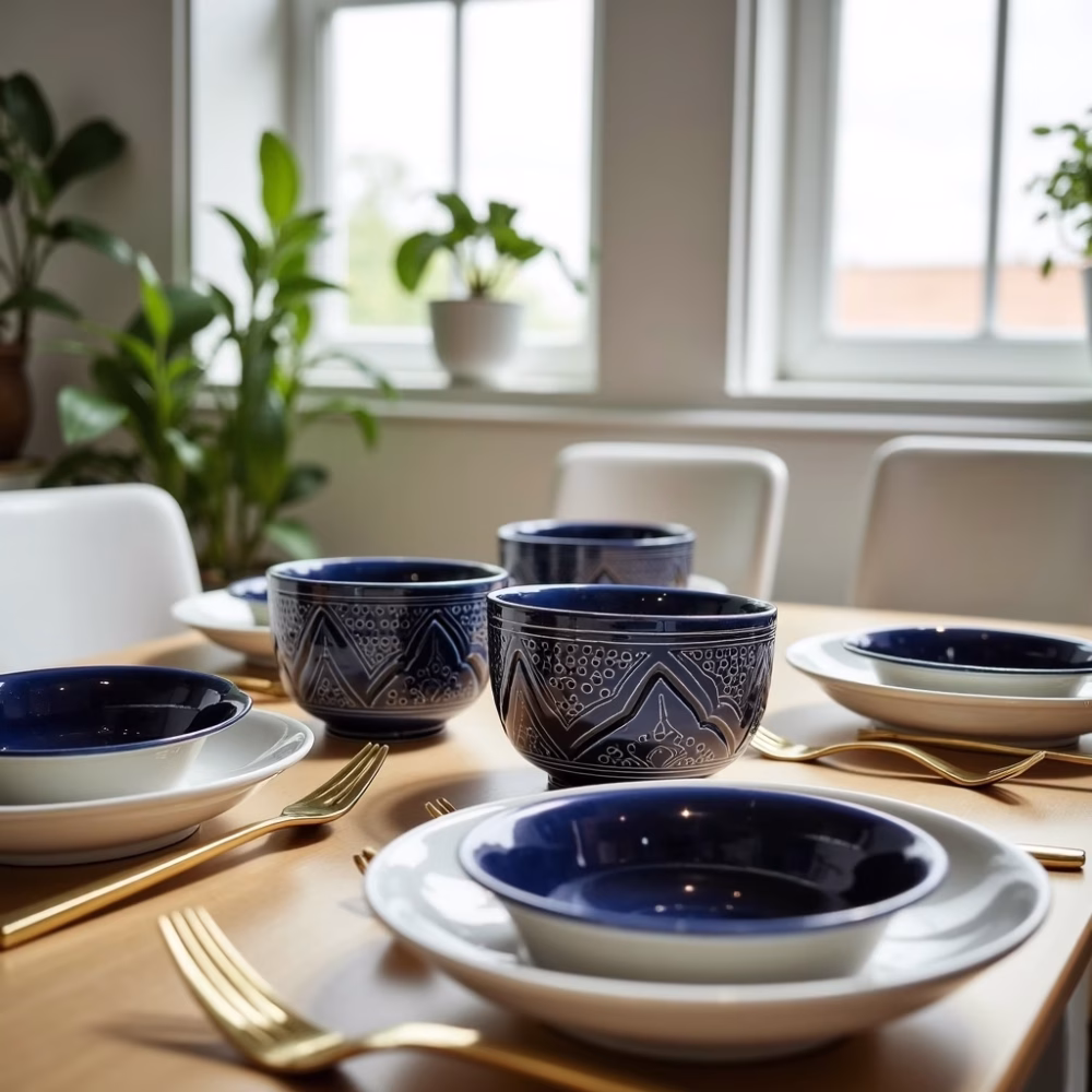 Set of 4 hand-engraved ceramic bowl collection in green, yellow, blue and white displayed in various settings