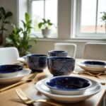 Four white geometric ceramic bowls with embossed patterns in soft lighting
