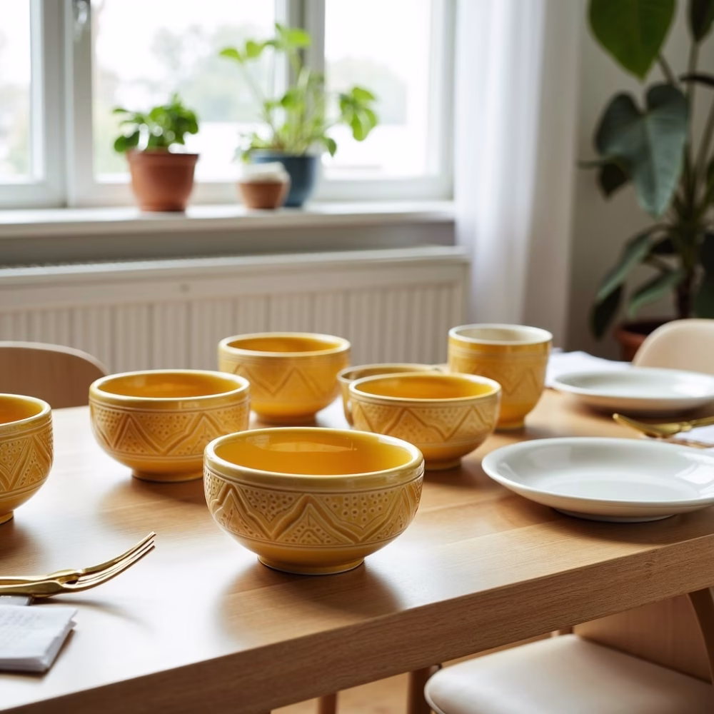 Set of 4 hand-engraved ceramic bowl collection i displayed in various settings