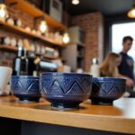Set of yellow geometric ceramic bowls with chevron patterns arranged on table
