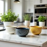 Three geometric ceramic bowls in white, navy, and yellow on modern kitchen island