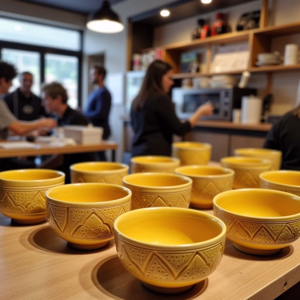 Set of 4 hand-engraved ceramic bowl collection in green, yellow, blue and white displayed in various settings