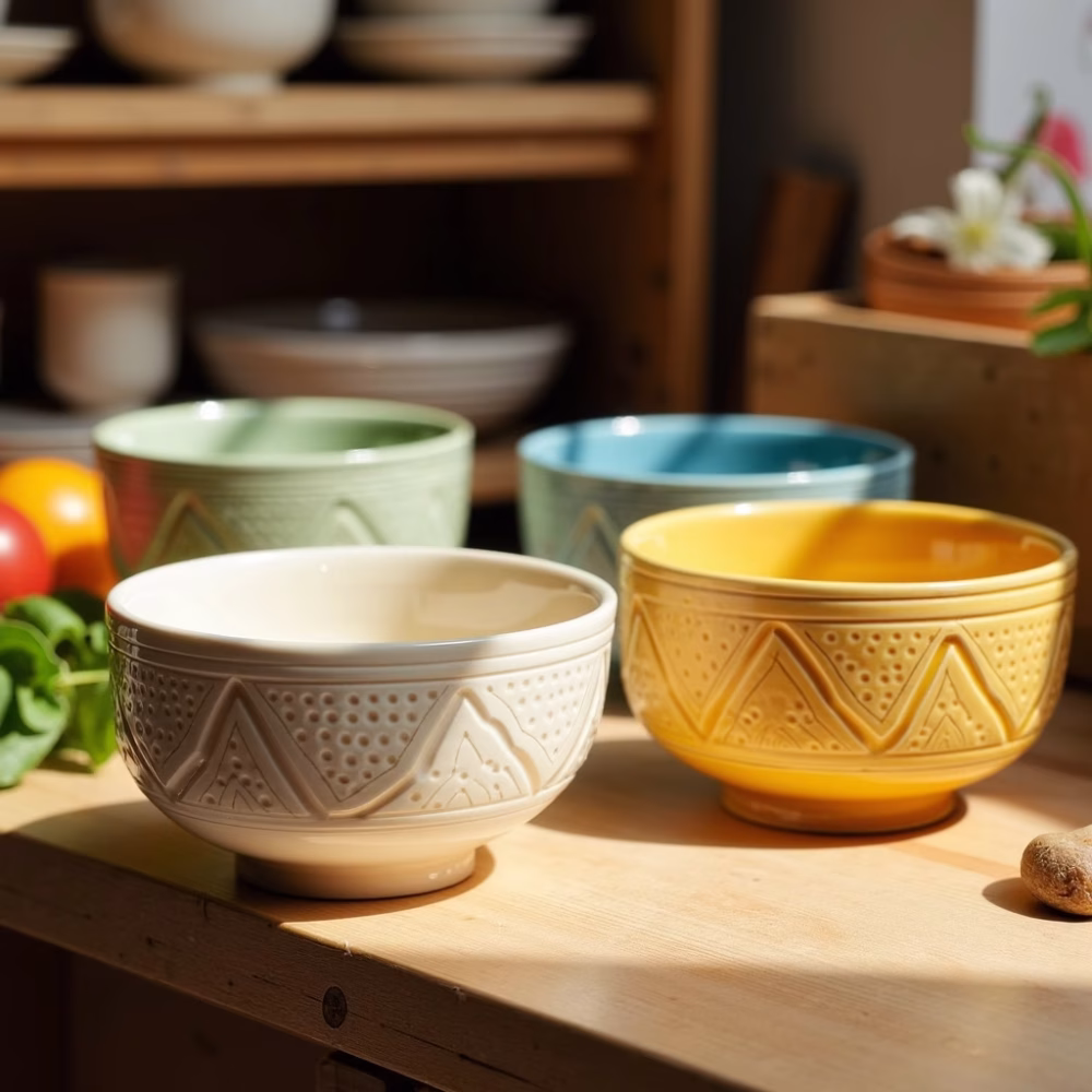Set of 4 hand-engraved ceramic bowl collection in green, yellow, blue and white displayed in various settings