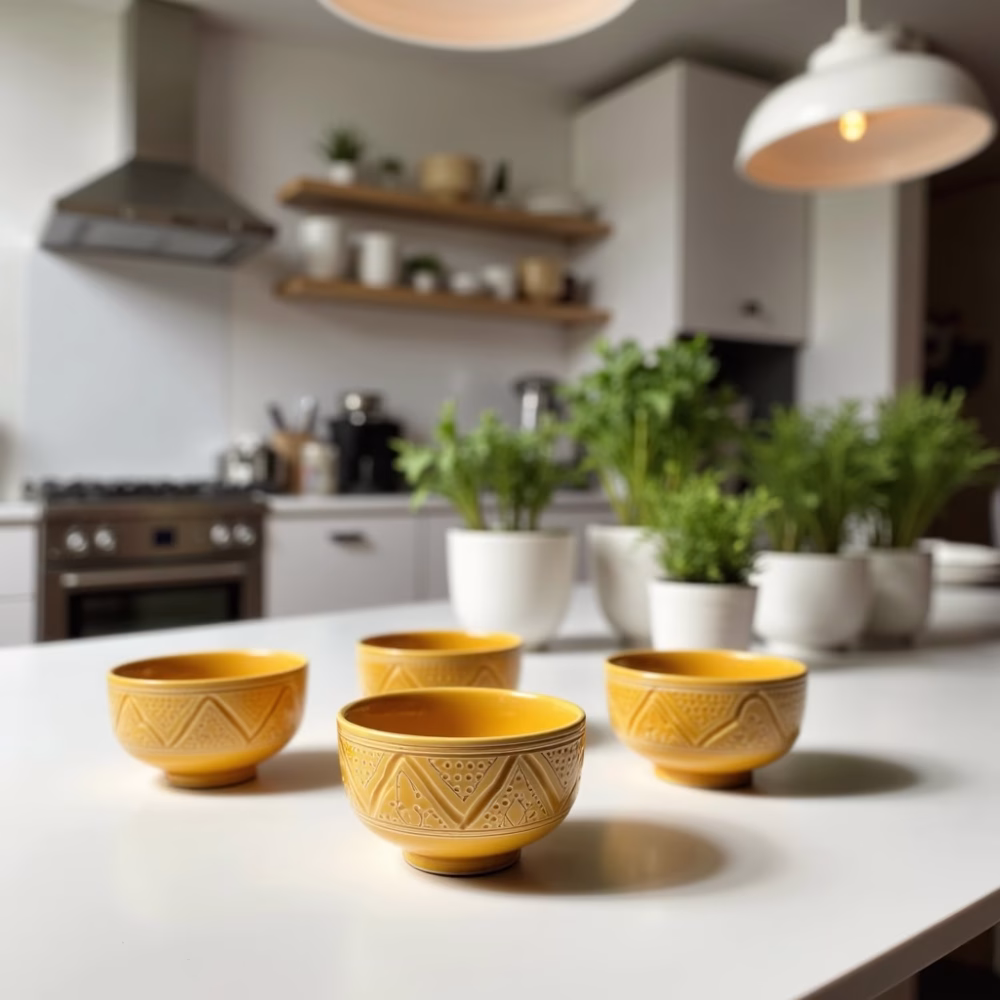 Set of 4 hand-engraved ceramic bowl collection i displayed in various settings