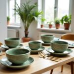 Navy blue geometric ceramic bowls displayed on restaurant bar with rustic background