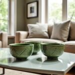 Colorful geometric ceramic bowl trio featuring white, navy, and yellow on marble counter