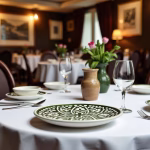 Traditional pottery serving dishes in elegant restaurant with flower centerpiece