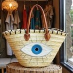 Handwoven straw evil eye beach bag with blue nazar embroidery on woven stool beside clothing rack