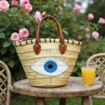 Handwoven straw evil eye beach bag with blue nazar motif on wooden garden table beside roses