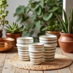 Set of ceramic cups with gold accents in striped patterns on woven mat with succulent plants