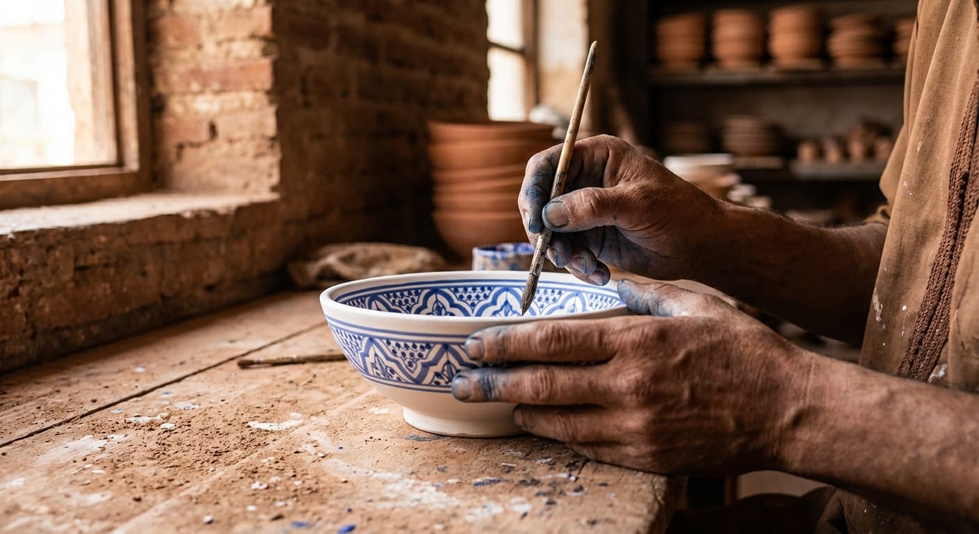 Moroccan naqqash artisan hand-painting cobalt blue arabesque pattern on white-glazed ceramic bowl in a Fez pottery workshop