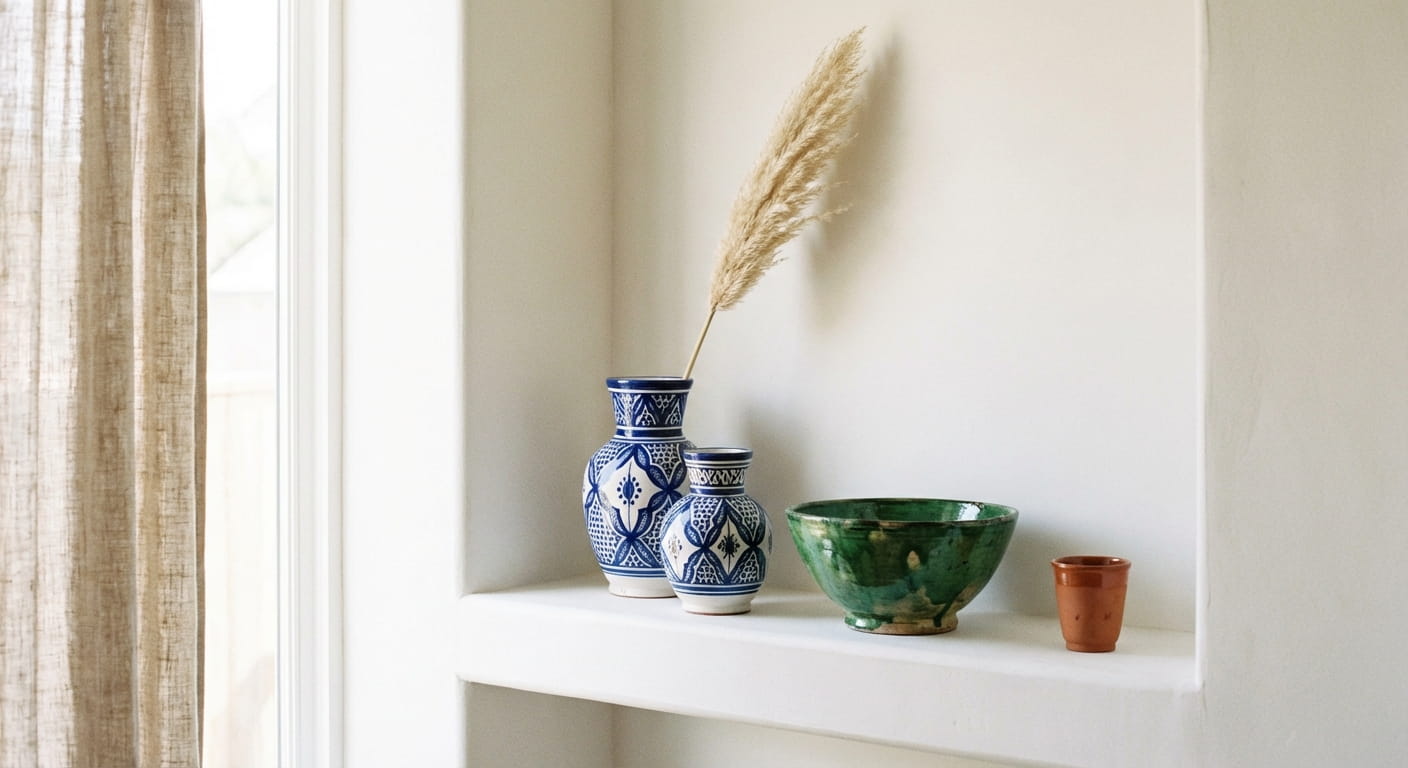 Moroccan Pottery: Types, Regions & Decorations Moroccan pottery bowls and vases styled on a white plaster shelf in a modern home interior, mixing Fassi blue and Tamegroute green pieces with dried botanicals