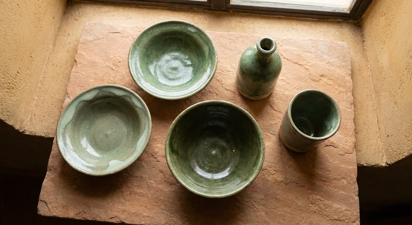 Moroccan Pottery: Types, Regions & Decorations Group of Tamegroute green-glazed pottery bowls and vessels showing natural variation in sage and olive glaze tones, arranged on a terracotta surface