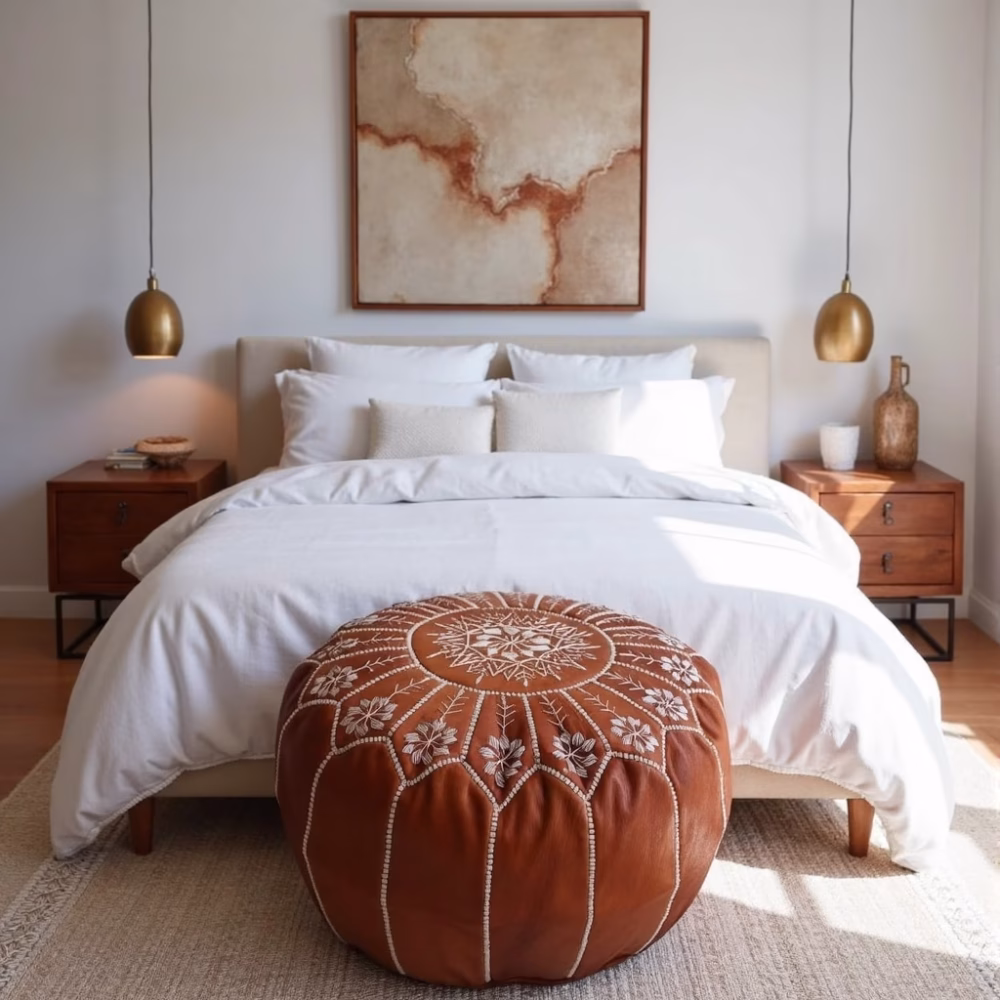 Embroidered ottoman leather pouf in modern bedroom setting