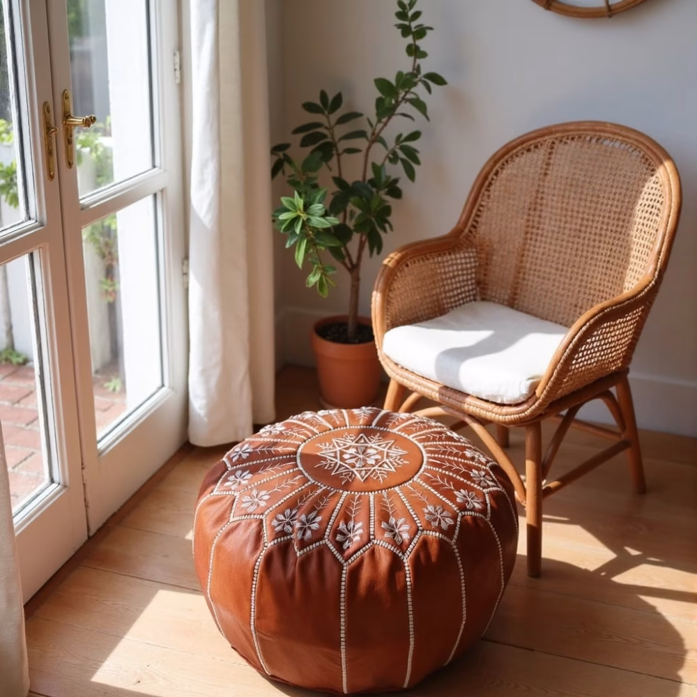 Moroccan leather pouf with white embroidery beside rattan chair